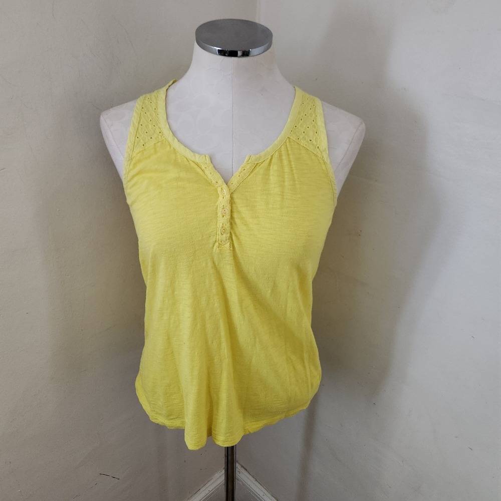 Gap Womens Yellow Eyelet Lace Henley Tank Top Slub Cotton Sleeveless Shirt S